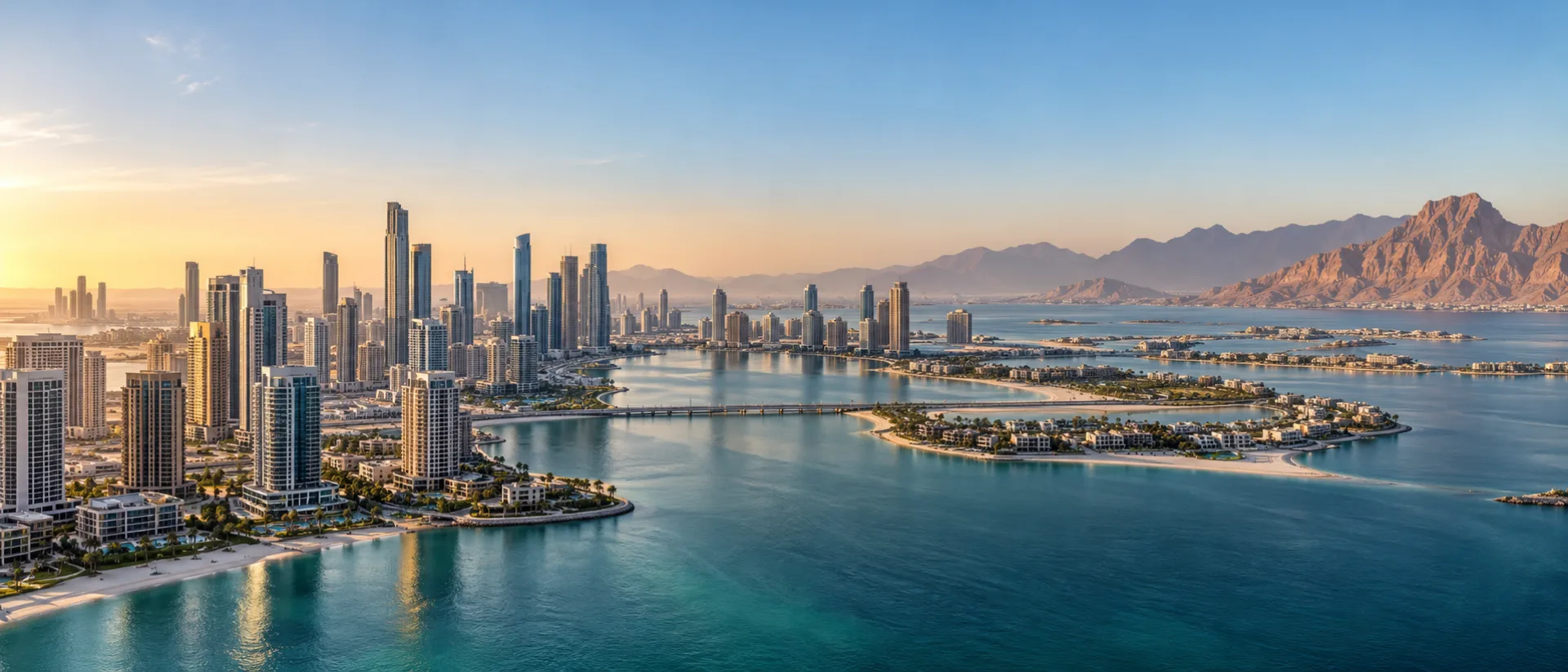 UAE waterfront cityscape linking urban, island and mountain-coast property markets