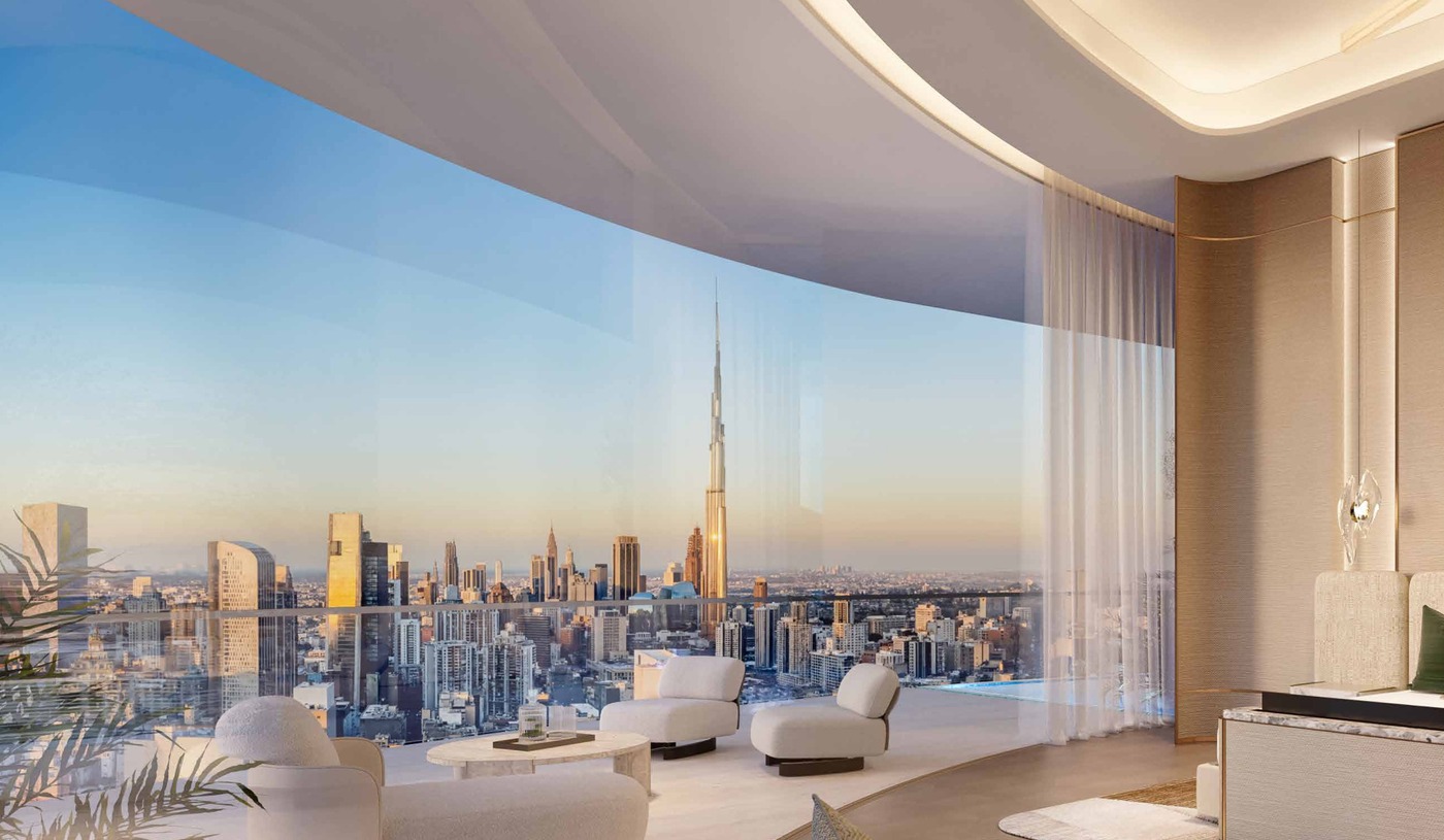 Amali Residences Dubai Canal interior with Downtown Dubai and Burj Khalifa context