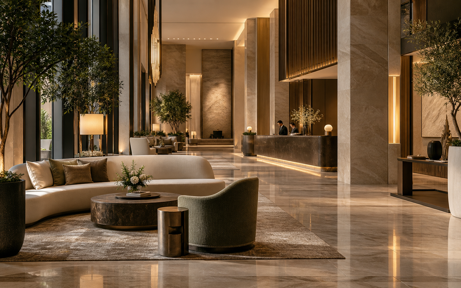 High-end hotel lobby with concierge service, warm stone, greenery and refined seating
