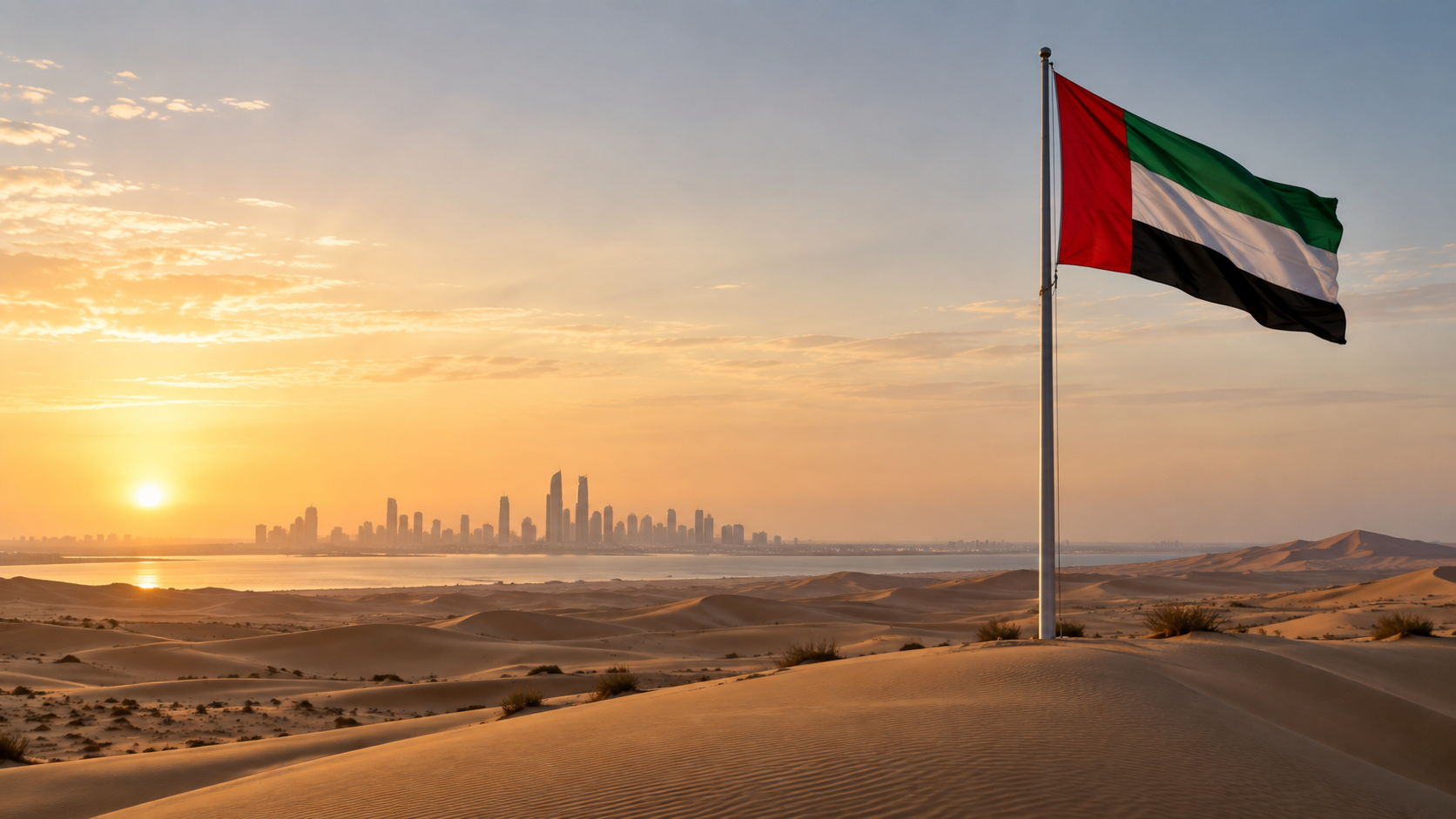 UAE flag rising above desert dunes with the skyline on the horizon